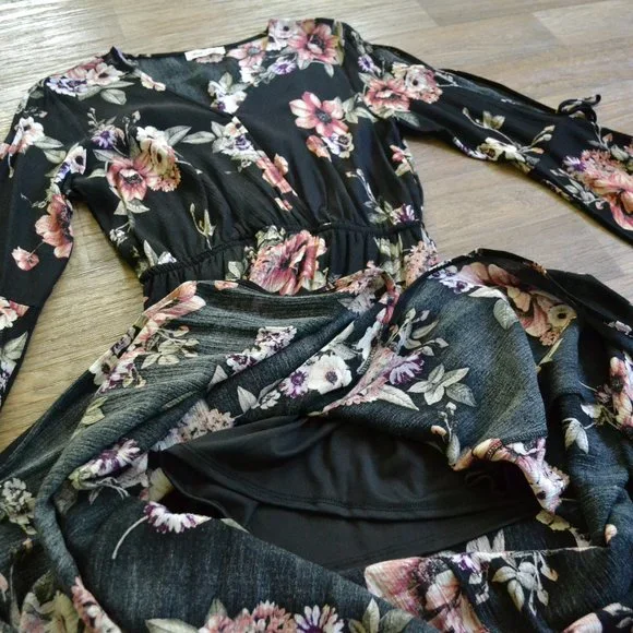 Black Wrap Floral Coldshoulder Bellsleeve Maxi Dress Side Slit Women Size Small - Picture 8 of 11